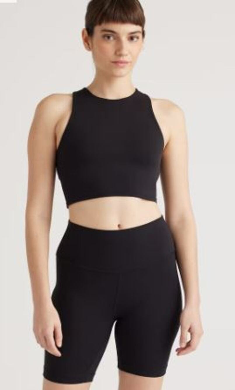 Quince Large Ultra-Form High Neck Cropped Tank Black Nylon Blend Racerback